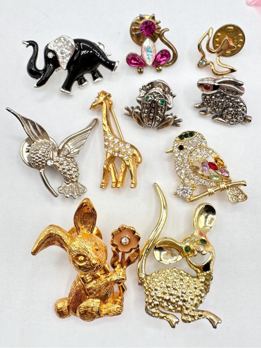 Vintage Rhinestone Animal Figural Brooch Pin Lot Bird Bunny Cat Frog Mouse More